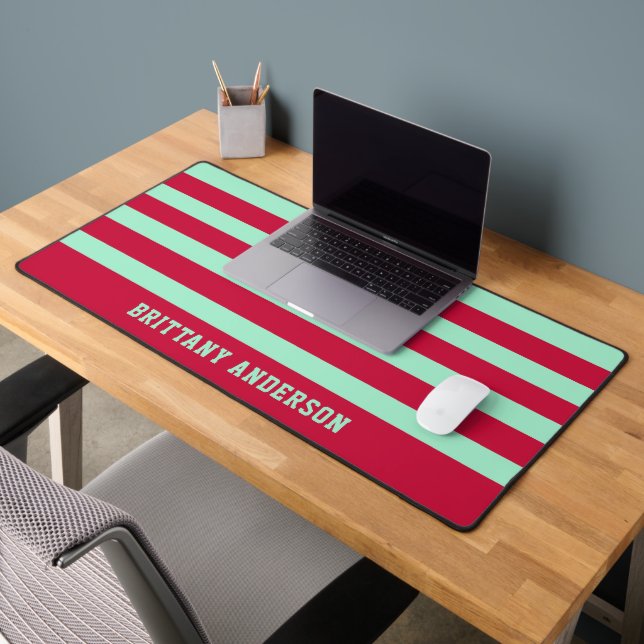 Red and Mint Green  Stripes Pattern Personalised  Desk Mat (Office 2)