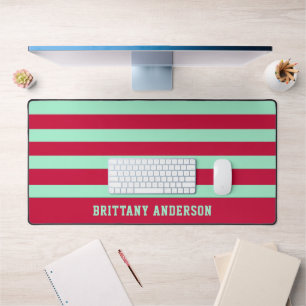 Red and Mint Green Stripes Pattern Personalised Desk Mat