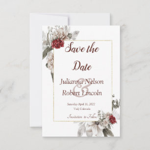 Red and mist watercolor floral save the date invi invitation