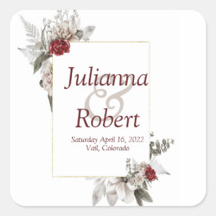 Red and mist watercolor floral wedding square st sticker