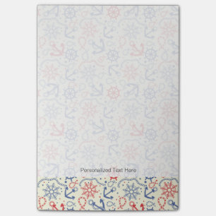 Red and navy background with anchor post-it notes
