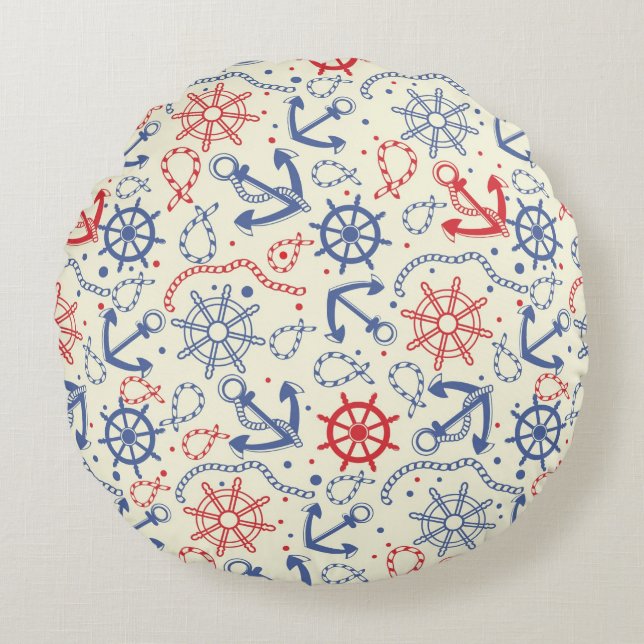 Red and navy background with anchor round cushion (Front)