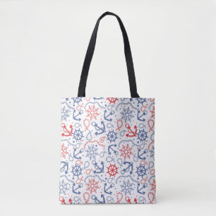 Red and navy background with anchor tote bag