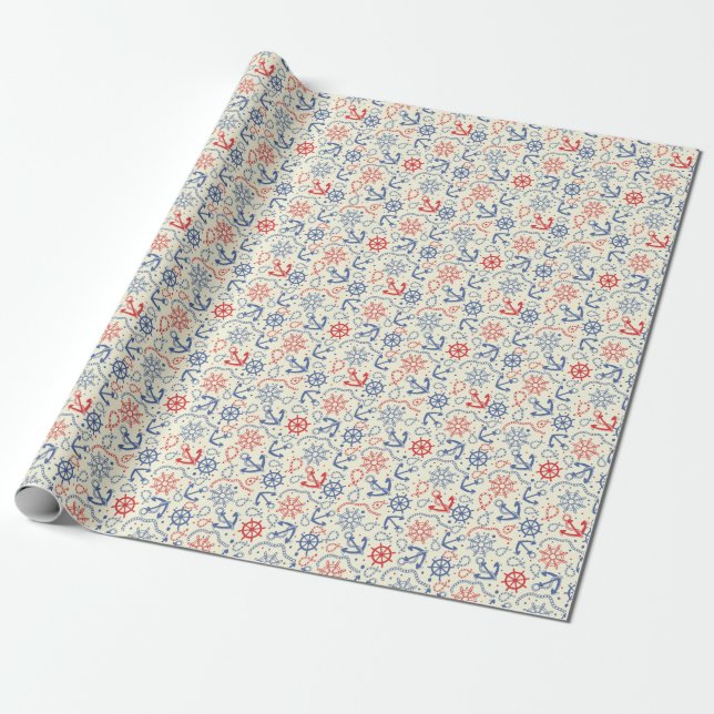 Red and navy background with anchor wrapping paper (Unrolled)