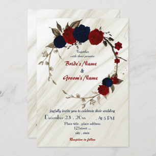 red and navy blue floral wreath wedding  invitation