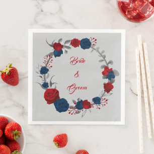 red and navy blue flowers botanical wreath wedding napkin