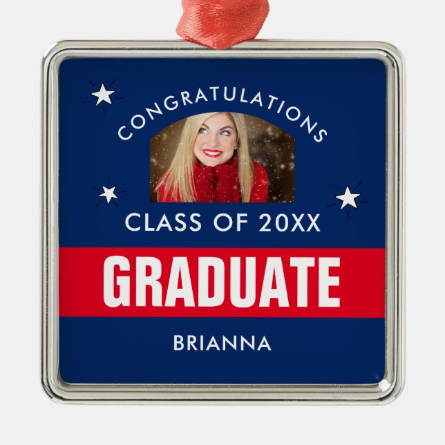 Red and Navy Blue Graduation Personalized Photo Metal Ornament (Front)