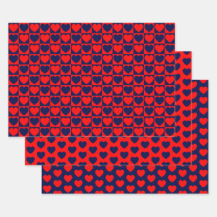 Red and Navy Blue Heart Wrapping Paper Sheets