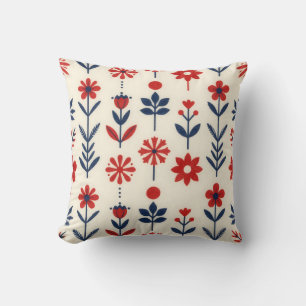 Red and Navy Folk Floral Pattern Cushion