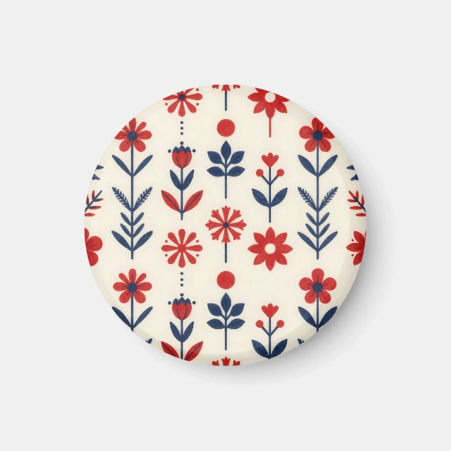 Red and Navy Folk Floral Pattern Magnet (Front)