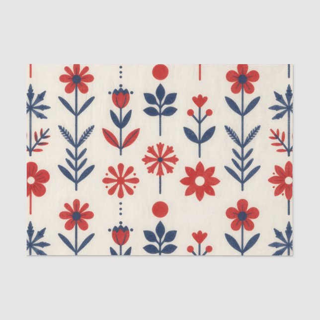 Red and Navy Folk Floral Pattern Tissue Paper (Front)