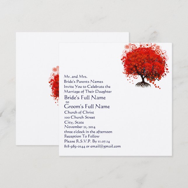 Red and Navy Heart Leaf Tree Wedding Invitations (Front/Back)