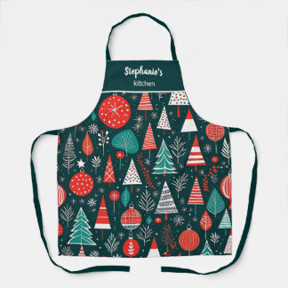 Red And Navy Mid Century Modern Christmas Pattern Apron