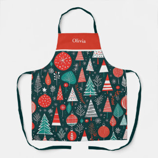 Red And Navy Mid Century Modern Christmas Pattern Apron