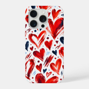 Red and Navy Painted Hearts on White iPhone 15 Pro Case
