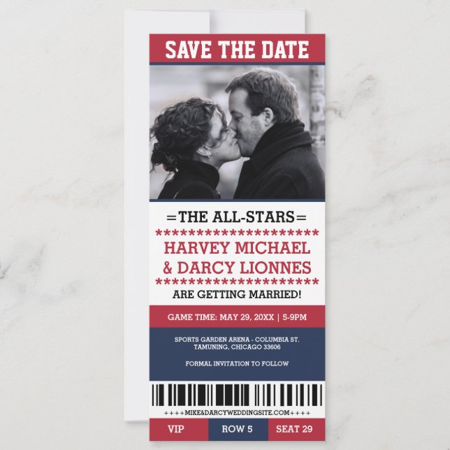 Red and Navy Sports Ticket Save the Date (Front)