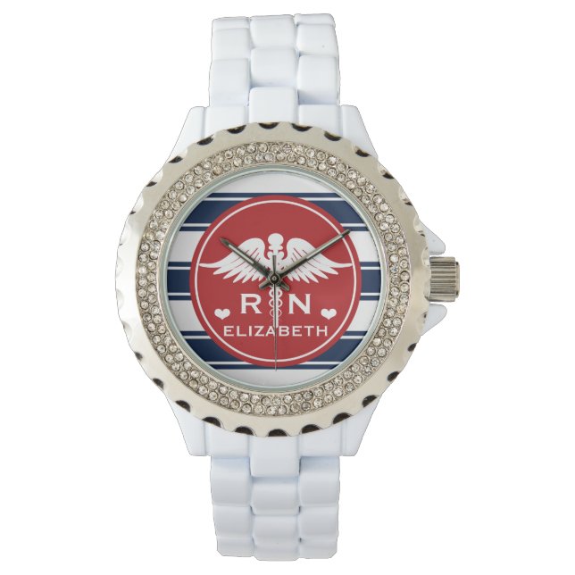 Red and Navy Stripe Caduceus RN Nurse Watch (Front)