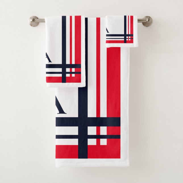 Red and Navy Stripe Personalised Design  Bath Towel Set (Insitu)