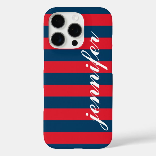 Red and Navy Stripes Custom Script Monogram Name Case-Mate iPhone Case (Back)