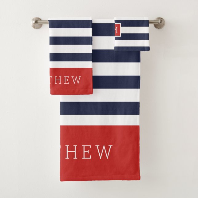 Red and Navy Stripes Monogram Bath Towel Set (Insitu)