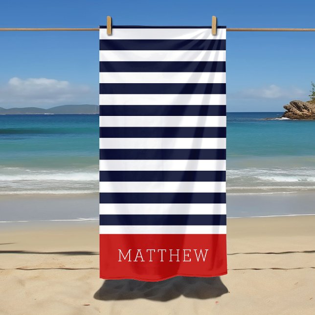 Red and Navy Stripes Monogram Beach Towel (Creator Uploaded)