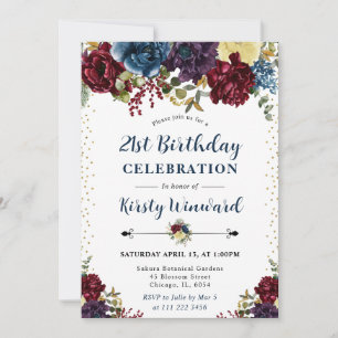 Red and Navy Winter Flowers 21st Birthday Invitation