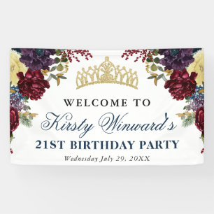 Red and Navy Winter Flowers Birthday Banner