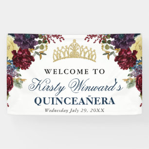 Red and Navy Winter Flowers Quinceanera Banner