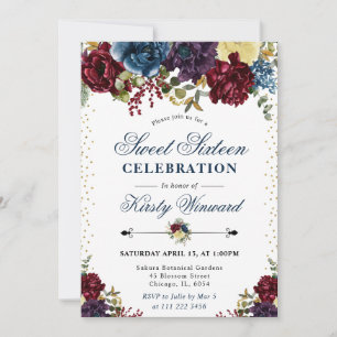 Red and Navy Winter Flowers Sweet Sixteen Invitation