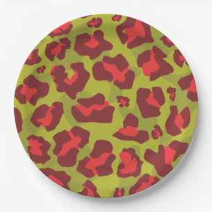 Red and olive green leopard animal print paper plate