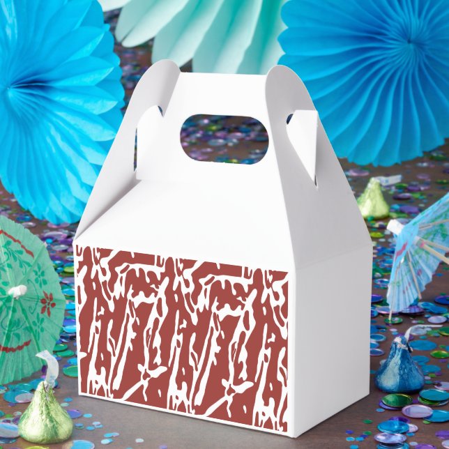 Red and orange abstract shapes blend and overlap a favour box (Party)