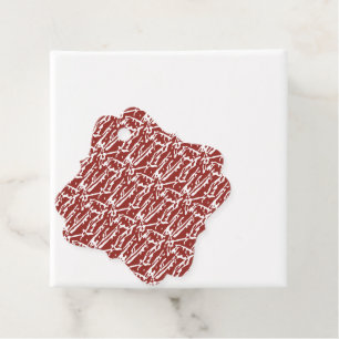 Red and orange abstract shapes blend and overlap a favour tags