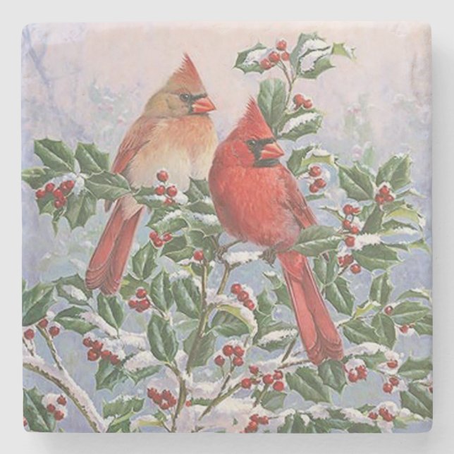 Red and Orange Cardinals Stone Coaster (Front)