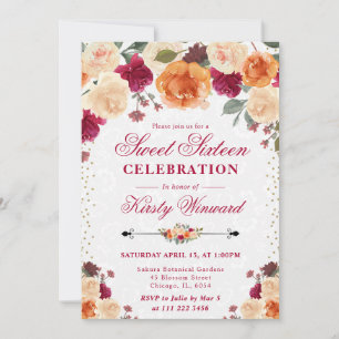 Red and Orange Fall Flowers Sweet Sixteen Invitation
