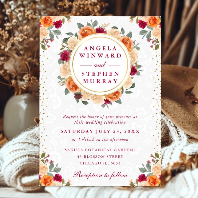 Red and Orange Fall Flowers Wreath Wedding Invitation (Creator Uploaded)