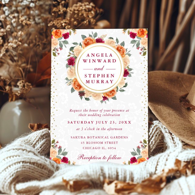 Red and Orange Fall Flowers Wreath Wedding Invitation (Creator Uploaded)