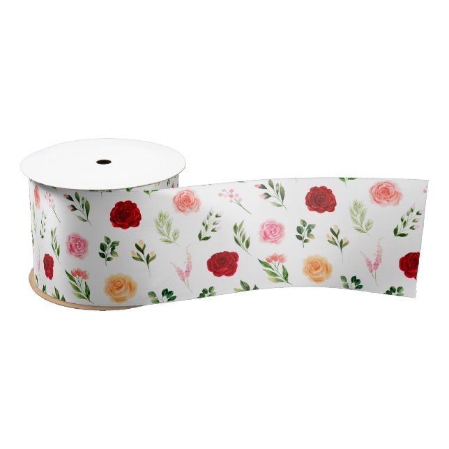 Red and Orange Flowers with Foliage Pattern Satin Ribbon (Spool)