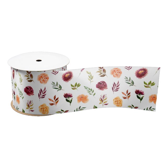 Red and Orange Flowers with Foliage Pattern Satin Ribbon (Spool)