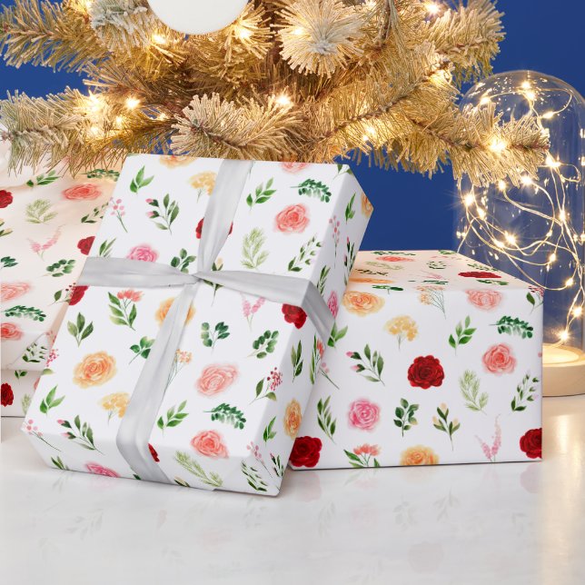 Red and Orange Flowers with Foliage Pattern Wrapping Paper (Holidays)