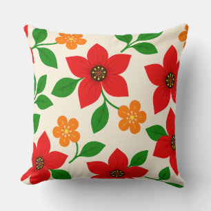 Red and Orange Flowers with Green Leaves Cushion