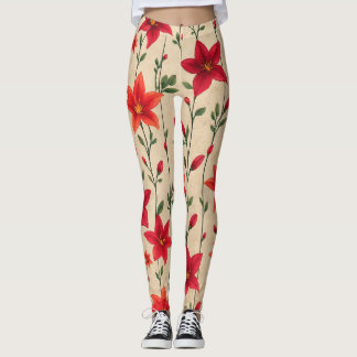 Red and Orange Lily Floral Pattern Leggings