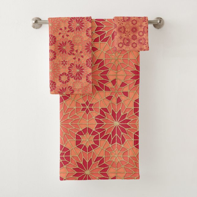 Red and orange pattern bath towel set (Insitu)