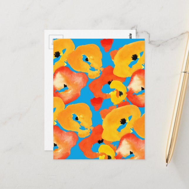 Red and orange poppies floral art postcard (Front/Back In Situ)