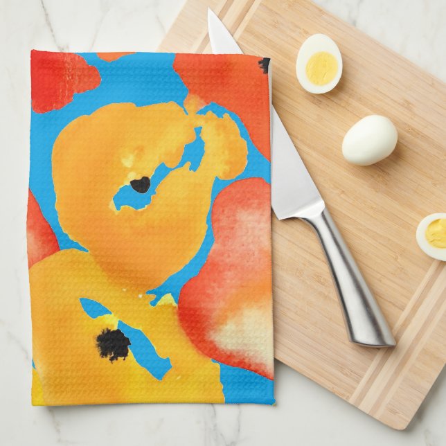 Red and orange poppies floral art tea towel (Quarter Fold)