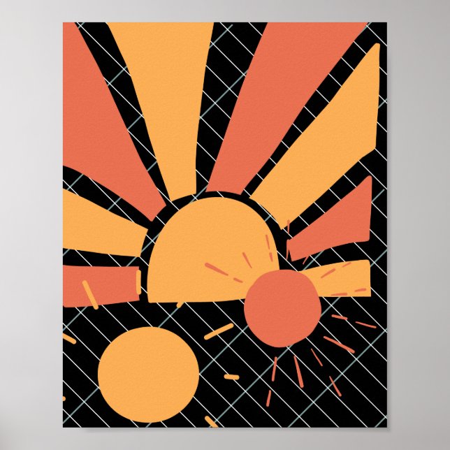 red and orange Retro sunset and lines pattern Poster (Front)