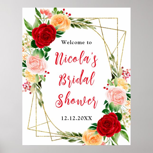 Red and Orange Roses Bridal Shower Welcome Poster (Front)