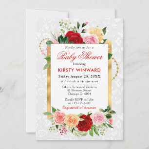 Red and Orange Roses Flowers Gold Baby Shower Invitation