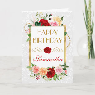 Red and Orange Summer Flowers Gold Foil Birthday Card
