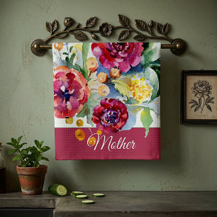 Red and orange watercolor floral customisable   tea towel