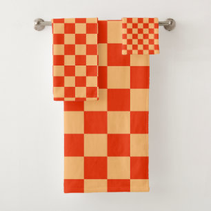 Red and Peach Check Checkered Checkerboard Pattern Bath Towel Set